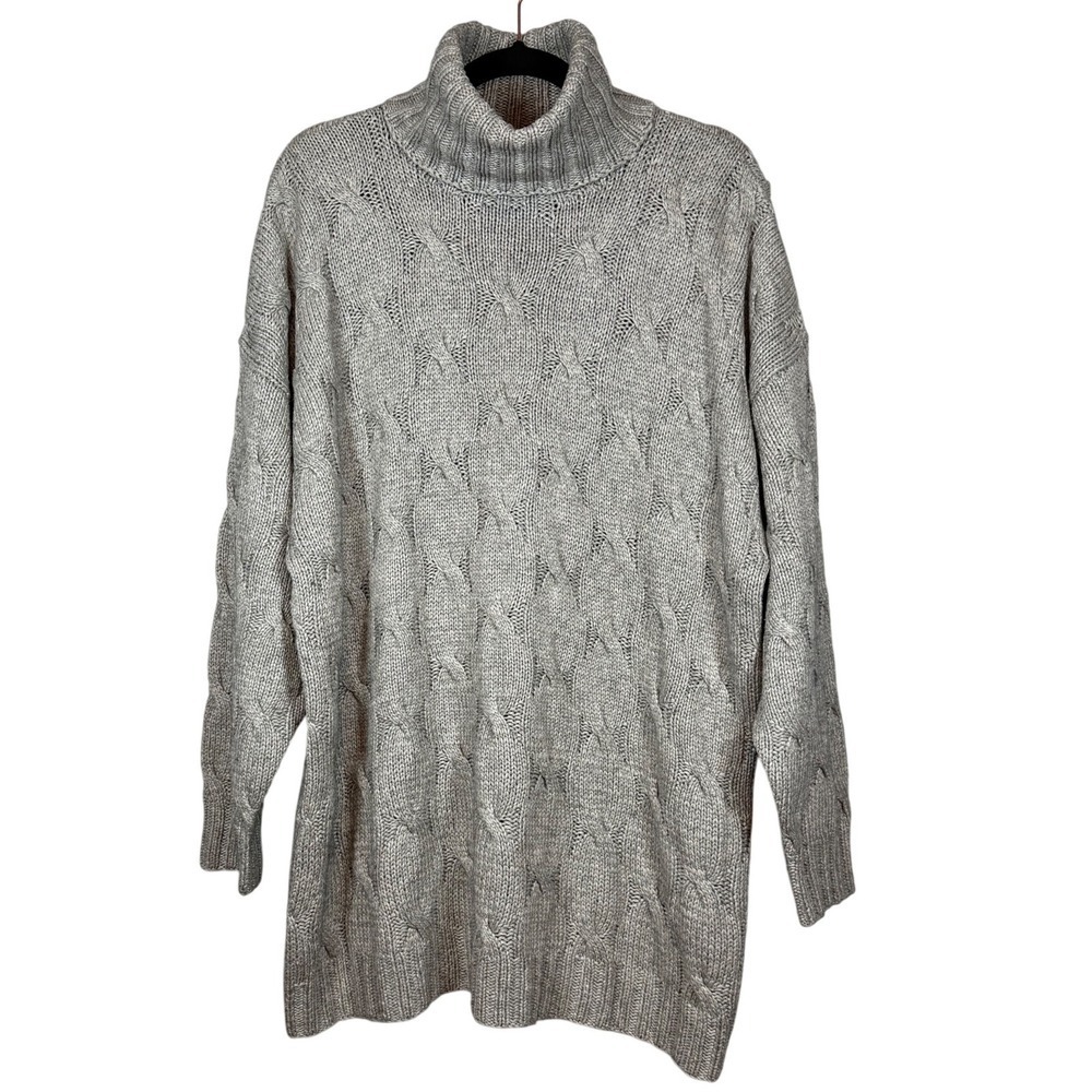 ELEMENTS Silk and Cashmere Turtleneck Sweater, Cable Knit, Gray, Size XL
